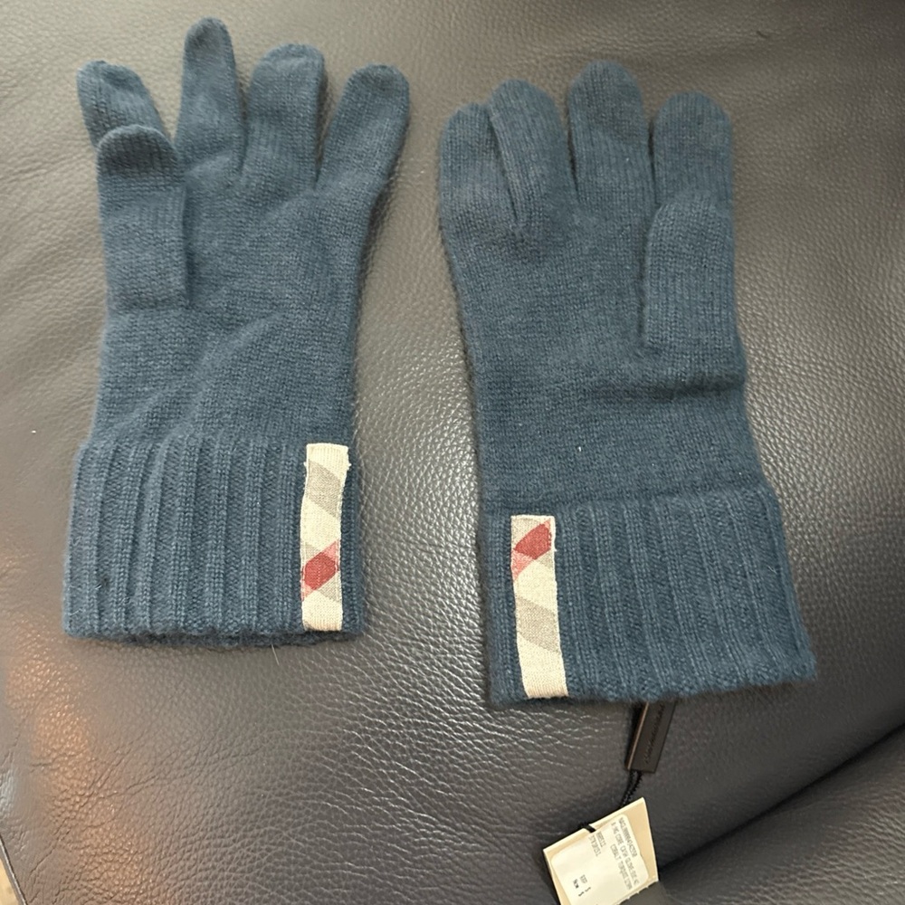 Burberry Blue Gloves with Check Detail